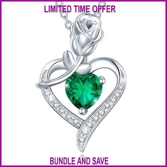 Sterling Silver Rose Heart Pendant Necklace with Gemstone Birthstone Gift